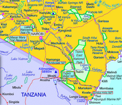 Karte von Sdwestkenya - die von uns besuchten Nationalparks sind blau-rot markiert