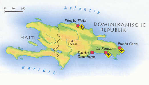 Karte der Insel Hispaniola mit den Staaten Haiti und Dominikanische Republik